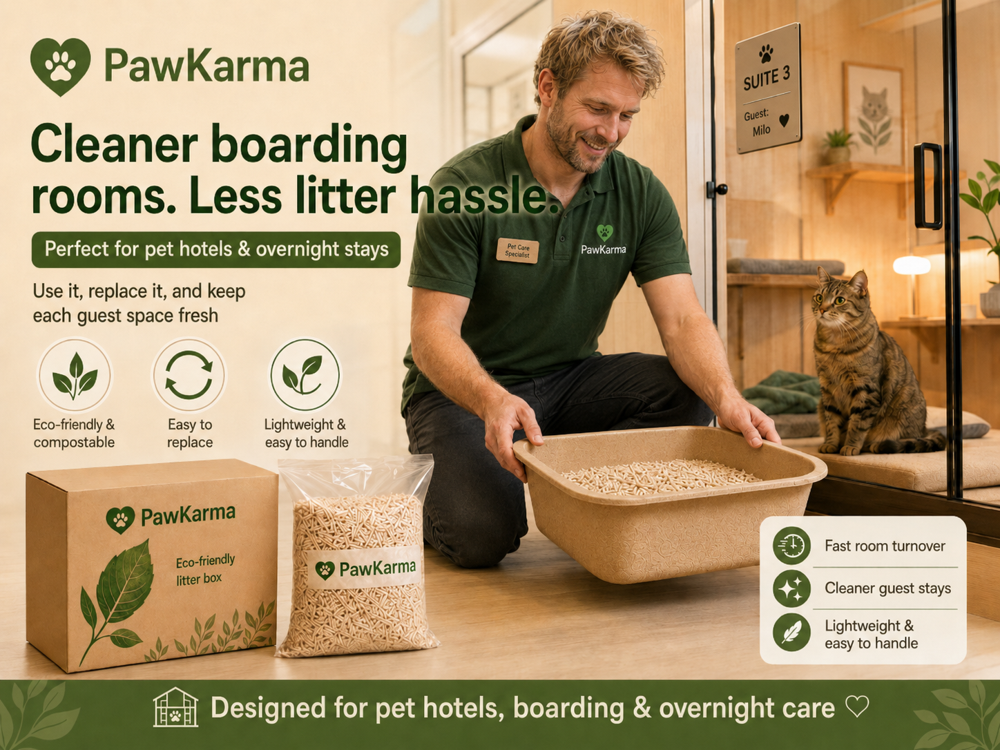 PawKarma litter tray for pet hotels and overnight boarding