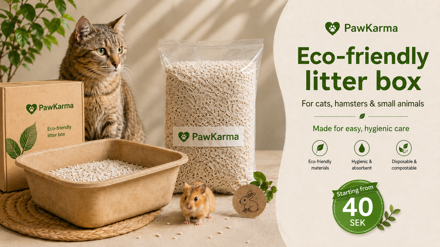 PawKarma eco-friendly litter box with cat litter, litter tray, and box