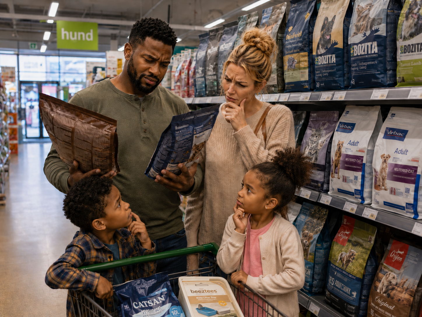 Family with children comparing pet food in a store with their dog visible in the cart