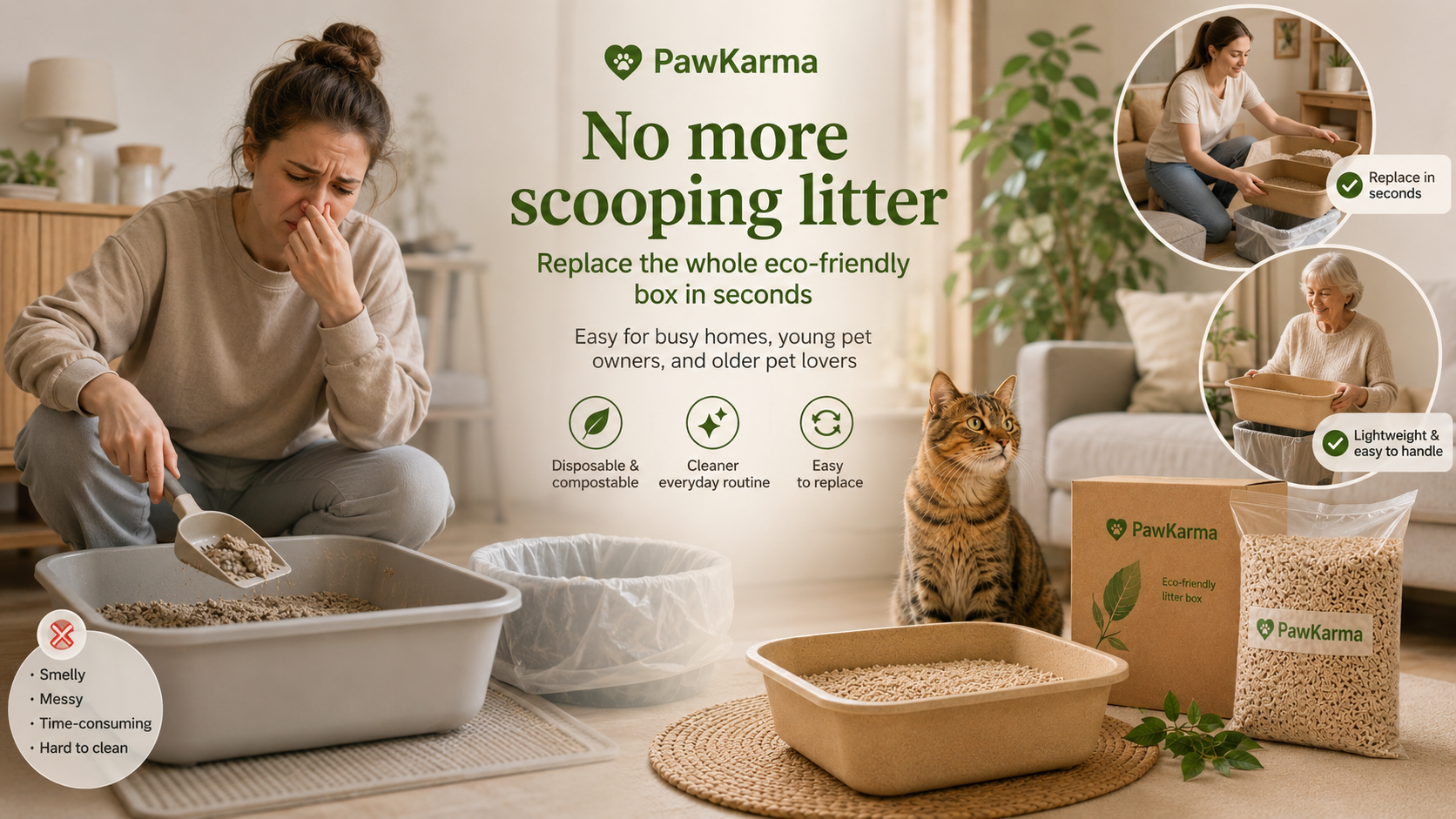 PawKarma litter tray replaces scooping with a simple use and replace routine
